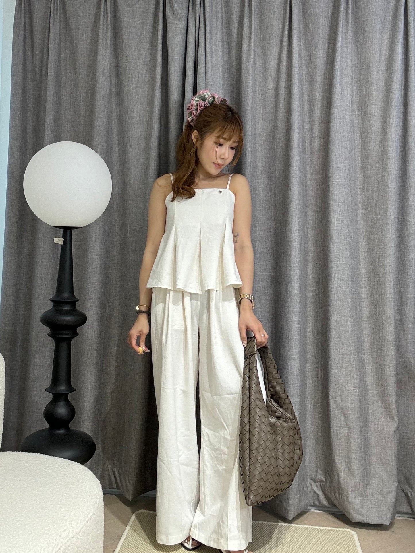 挺棉麻背心長褲套裝 ( 黑/米白 )