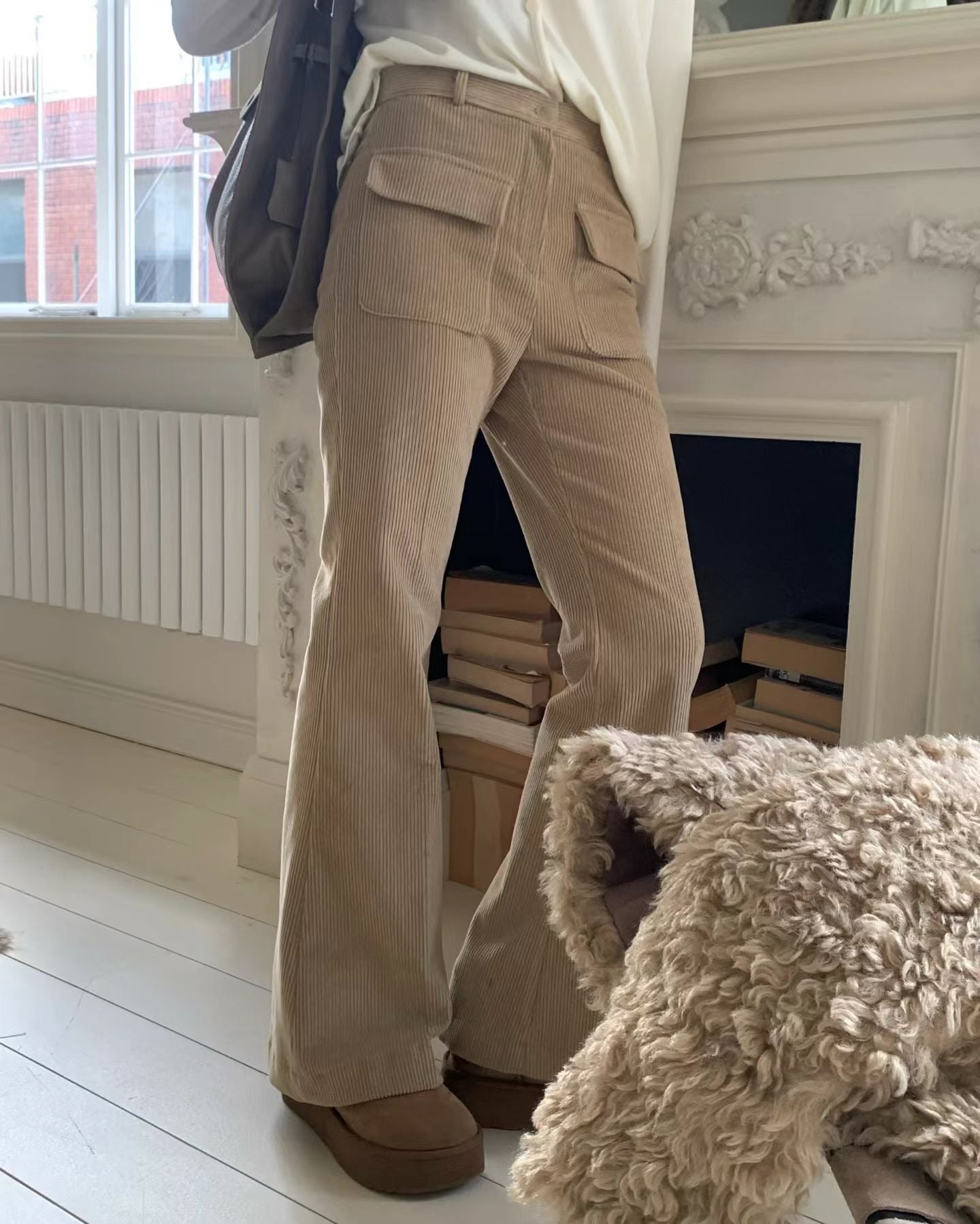 雙口袋燈芯絨喇叭長褲 ( 寶藍/杏 )