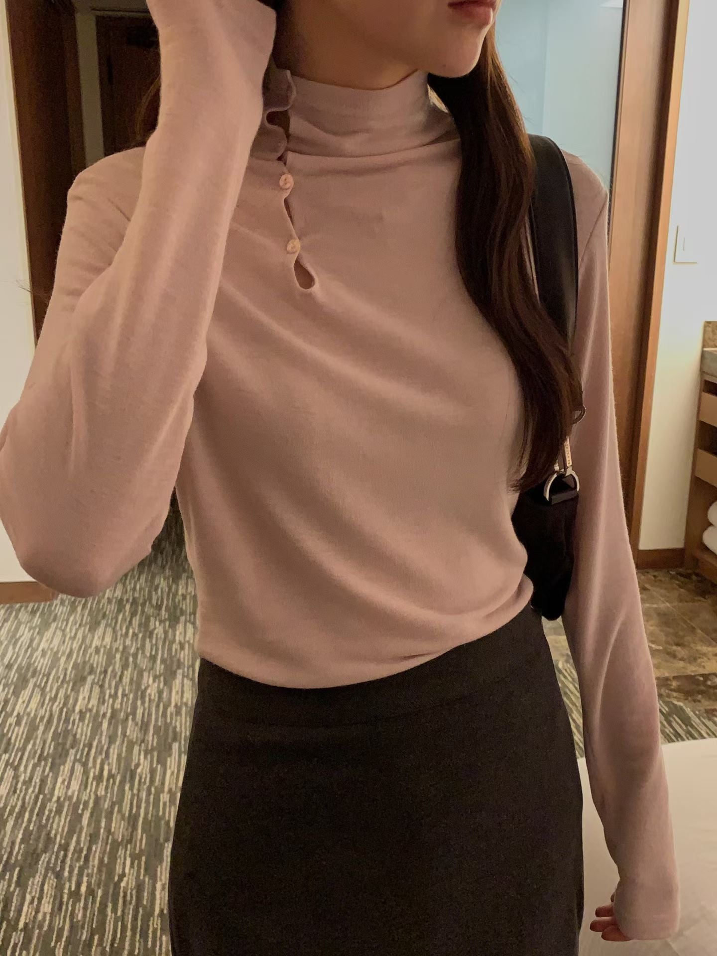 鈕扣薄料上衣 ( 深灰/白/粉 )