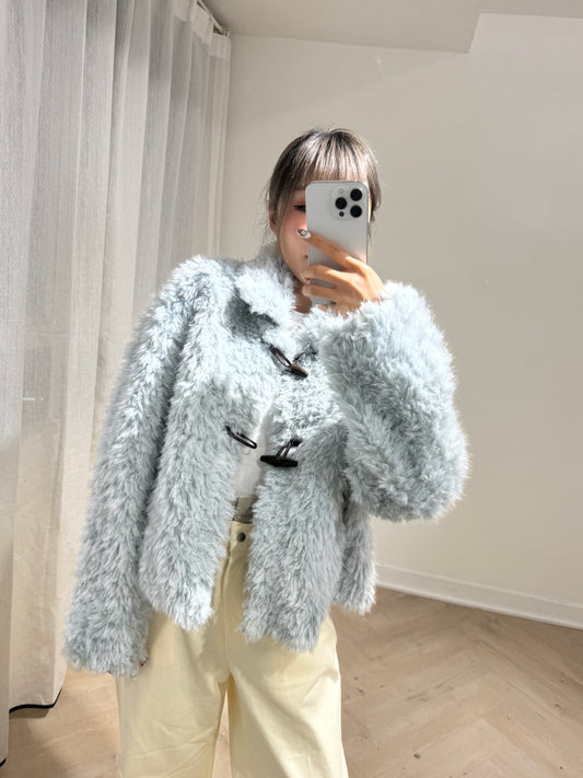 牛角扣有領毛毛外套 ( 米/粉藍 )