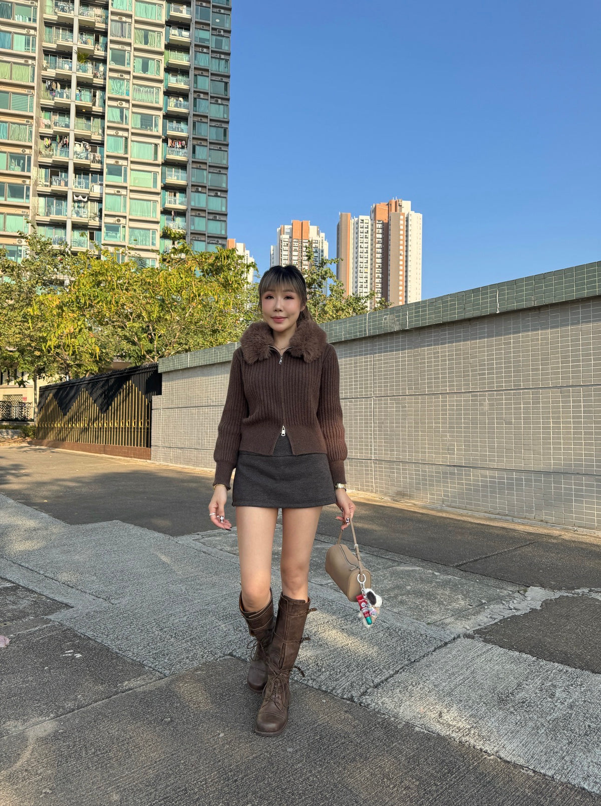 滑毛毛領拉鍊外套 ( 杏/灰/啡 )