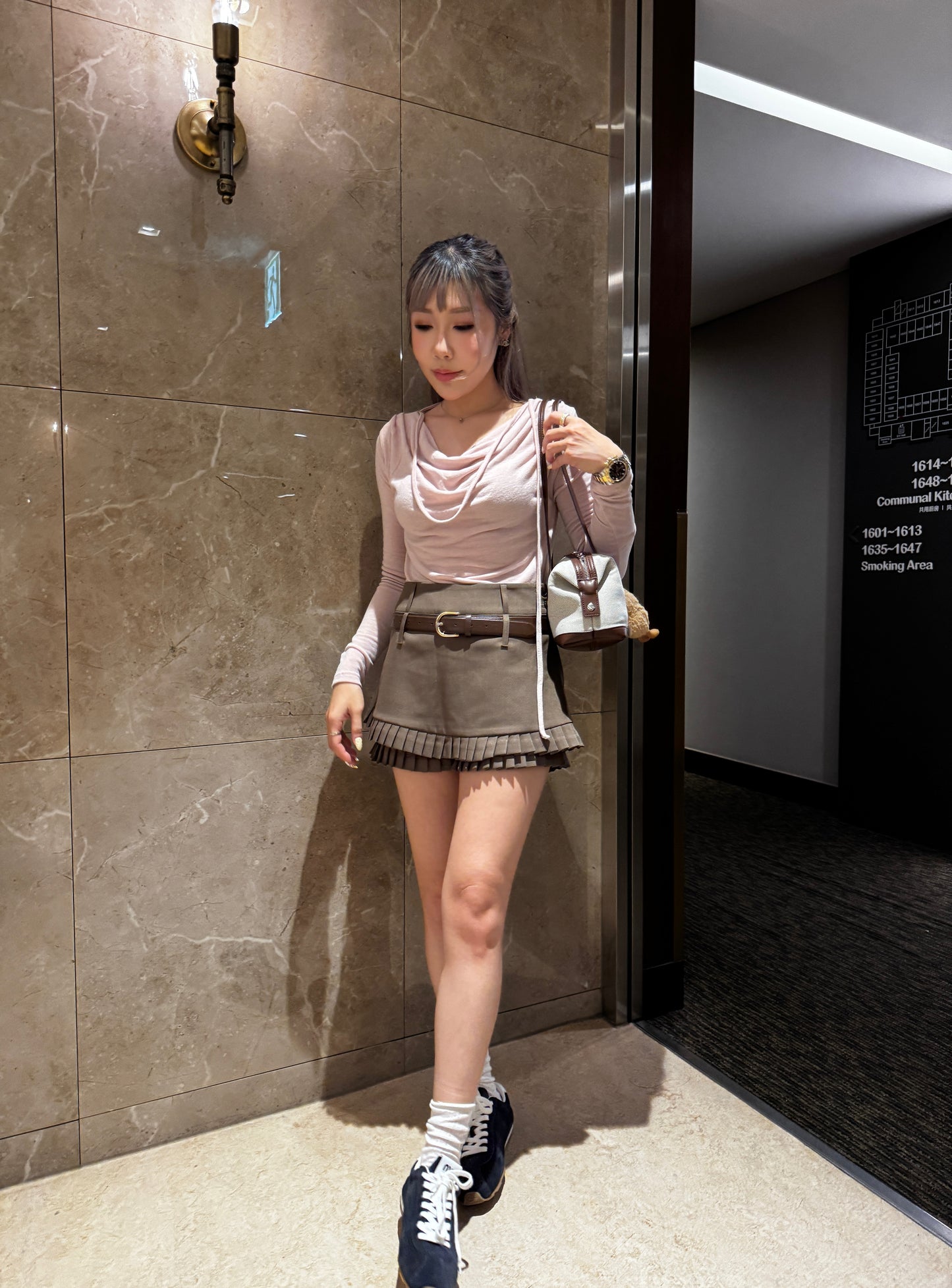 挺西裝料雙層百摺裙褲 ( 灰/啡 )