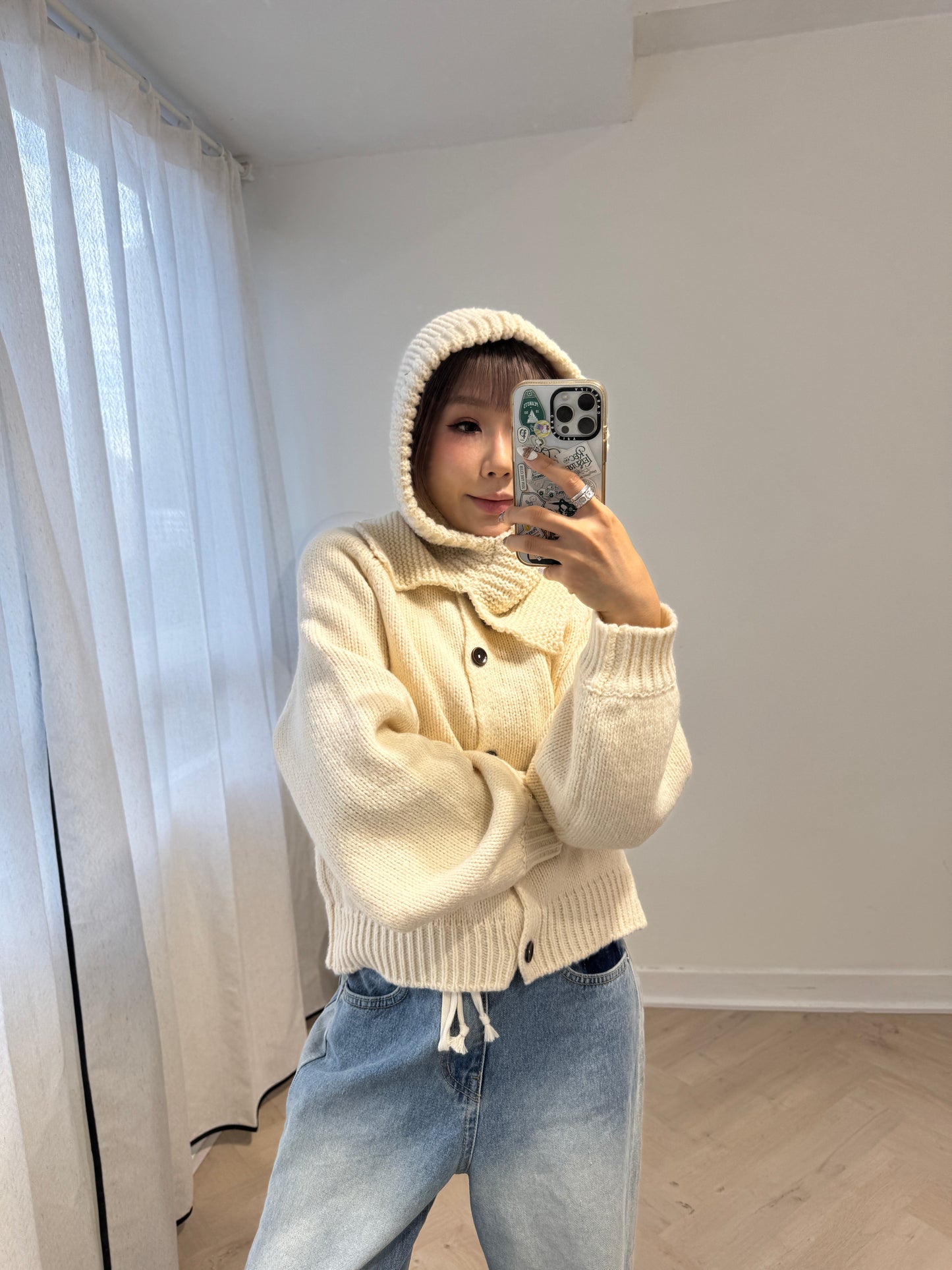 連冷帽鈕扣冷外套套裝 ( 灰/米白/黑 )