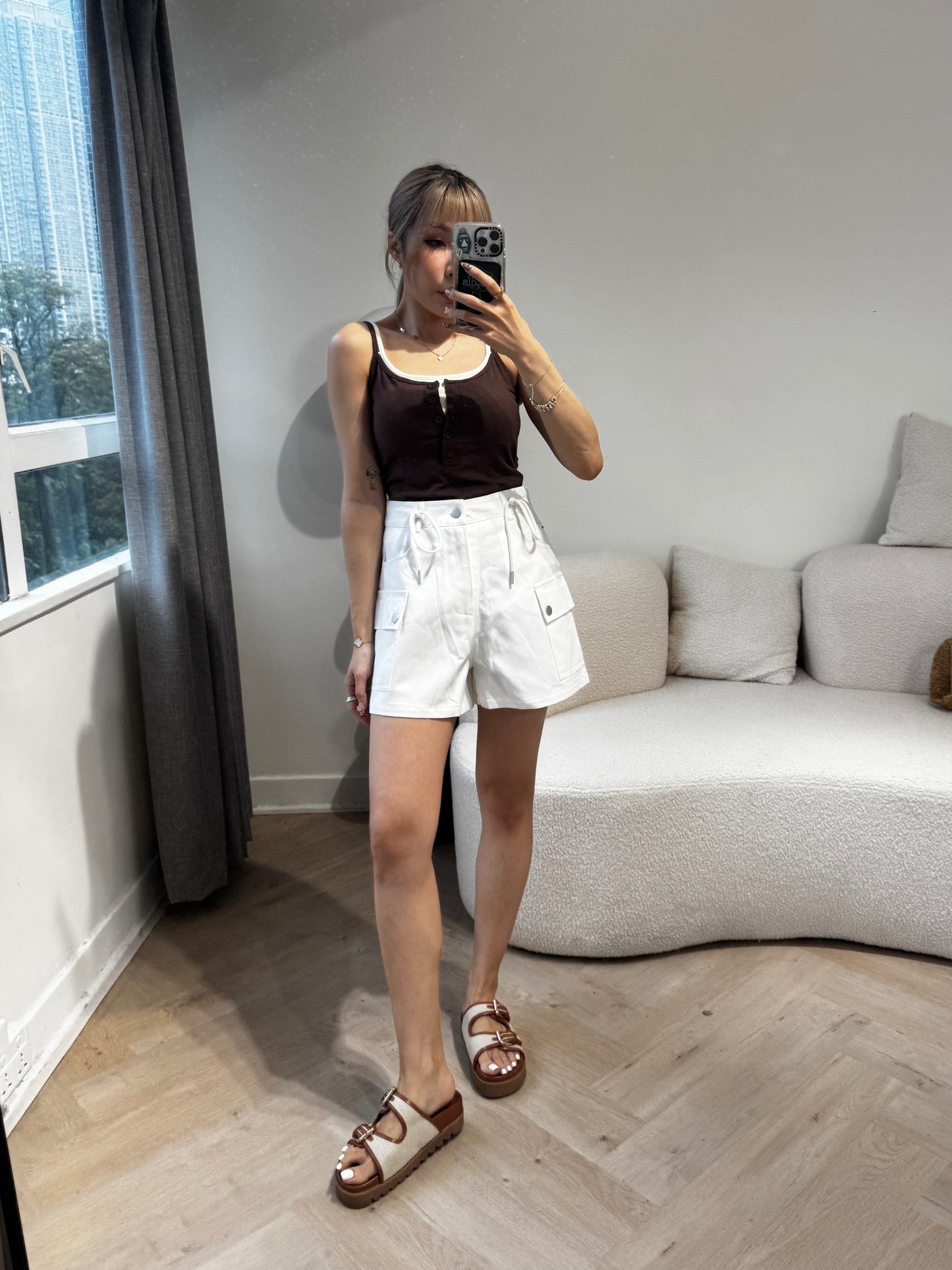 索繩口袋短褲 ( 白/杏 )