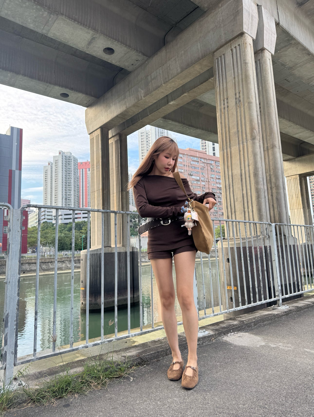 連皮帶棉質上衣 + 裙褲套裝 ( 黑/深啡 )