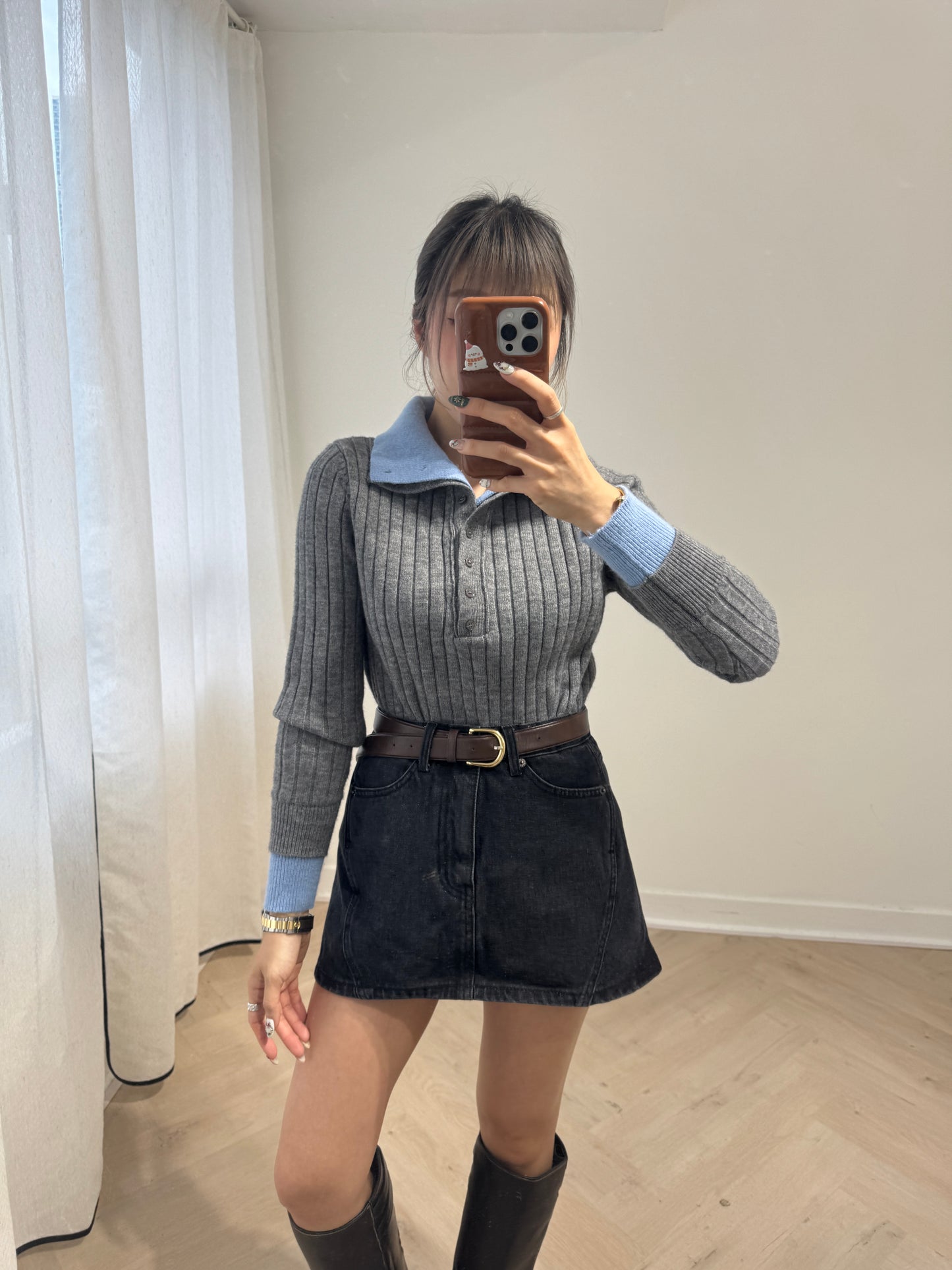 藍併灰直紋假兩件上衣