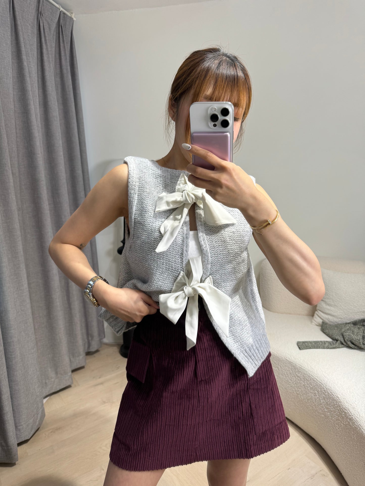 綁蝴蝶背心冷外套 ( 寶藍/灰 )