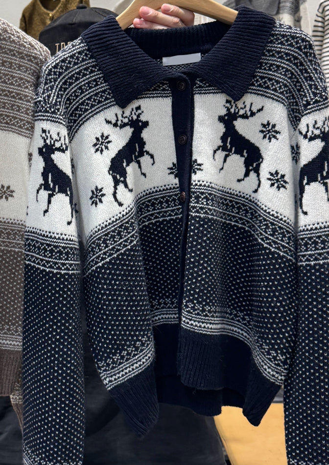 鹿仔雪花紋有領上衣外套 ( 寶藍/啡 )