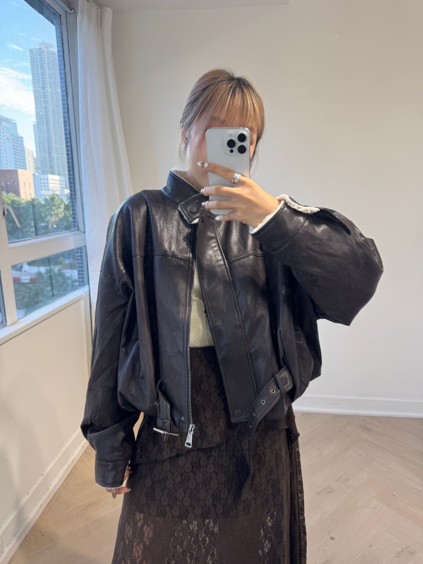 仿皮毛毛BIKER外套 ( 黑/深啡 )