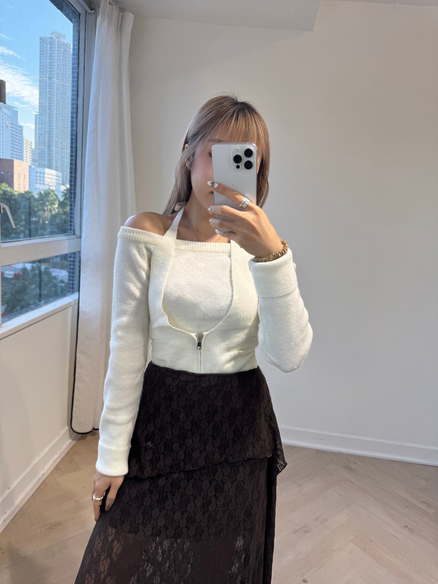 掛頸假兩件尖腳上衣 ( 黑/白/杏/灰 )