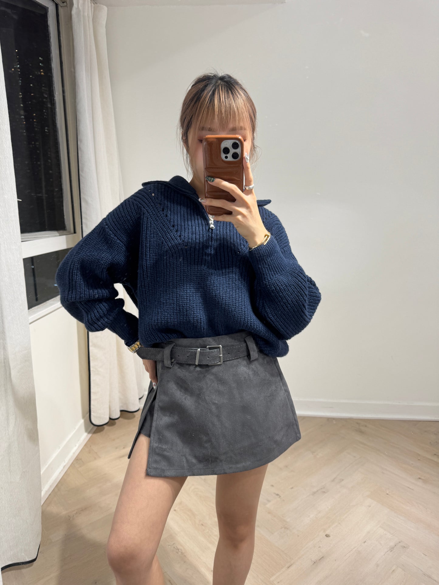 連BELT麂布開叉裙褲 ( 灰/啡 )