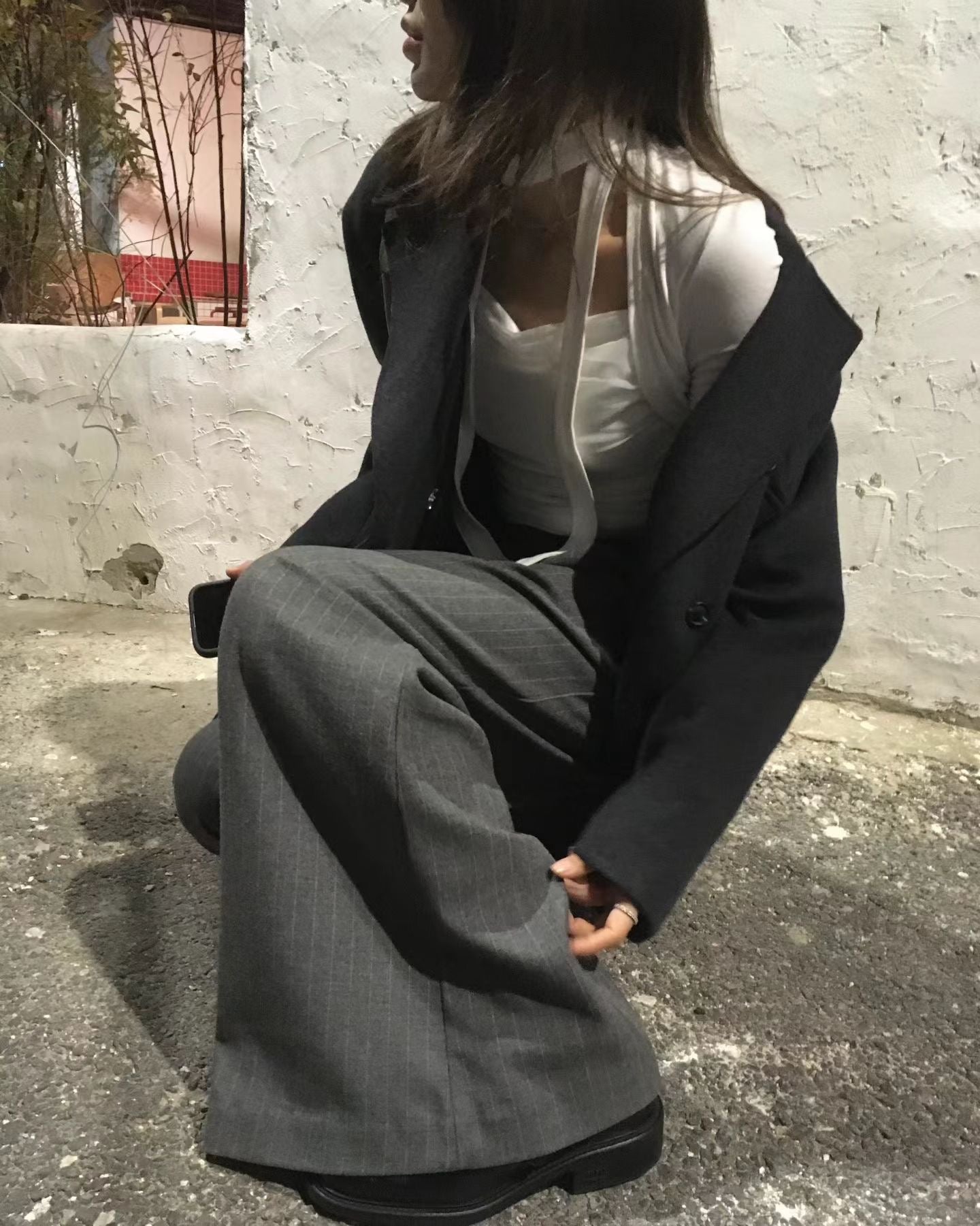 幼直紋羊毛反摺褲頭長褲 ( 灰/黑  )