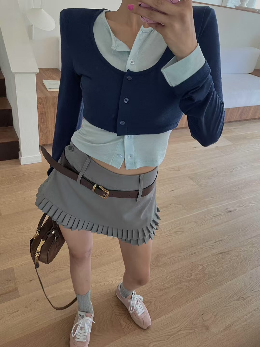 挺西裝料雙層百摺裙褲 ( 灰/啡 )