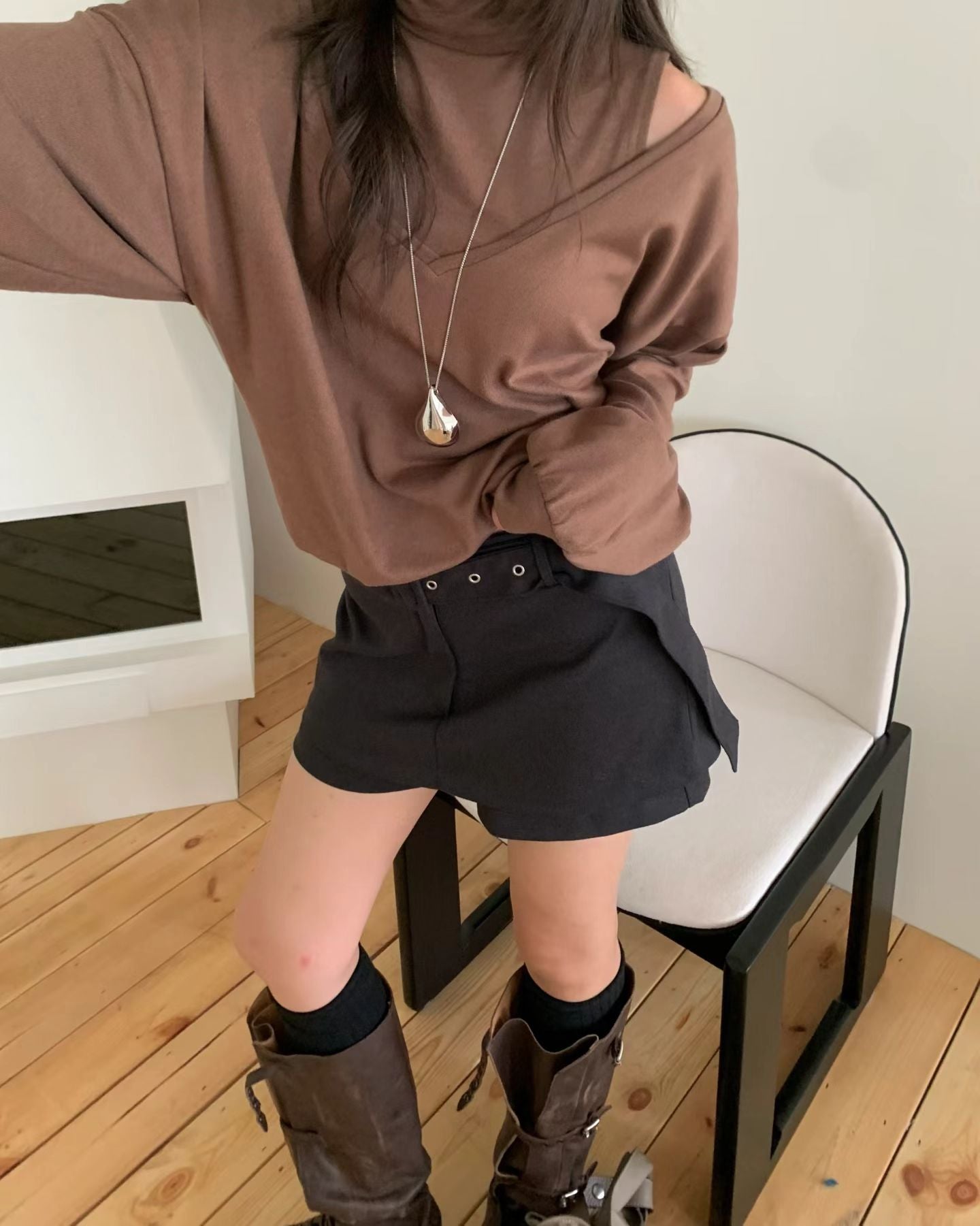 連腰帶絨面裙褲 ( 深灰/深啡 )