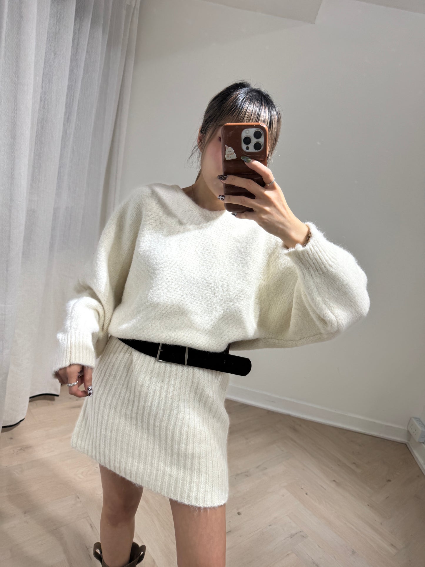 連皮帶冷線連衣裙 ( 灰/米白/啡 )