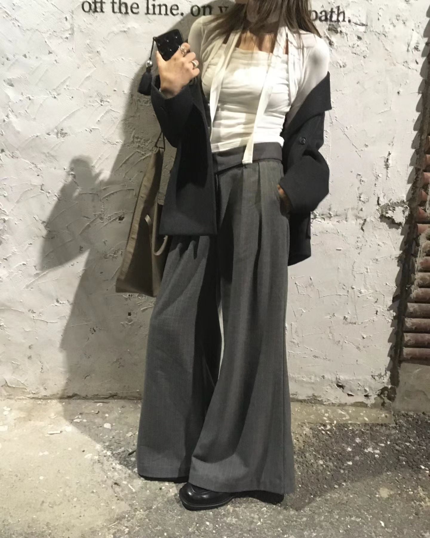 幼直紋羊毛反摺褲頭長褲 ( 灰/黑  )