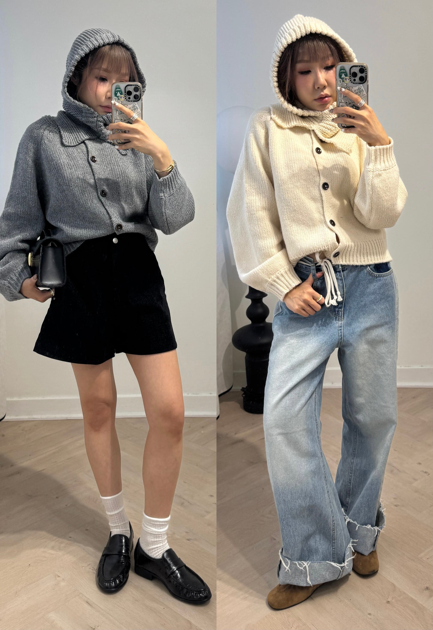 連冷帽鈕扣冷外套套裝 ( 灰/米白/黑 )