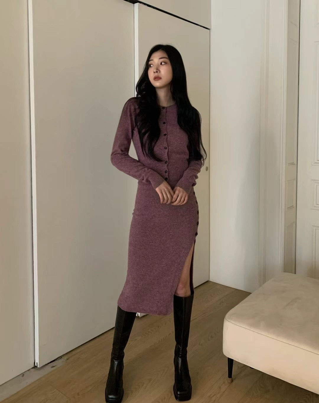羊毛料開鈕鉛筆裙 ( 啡/紫 )
