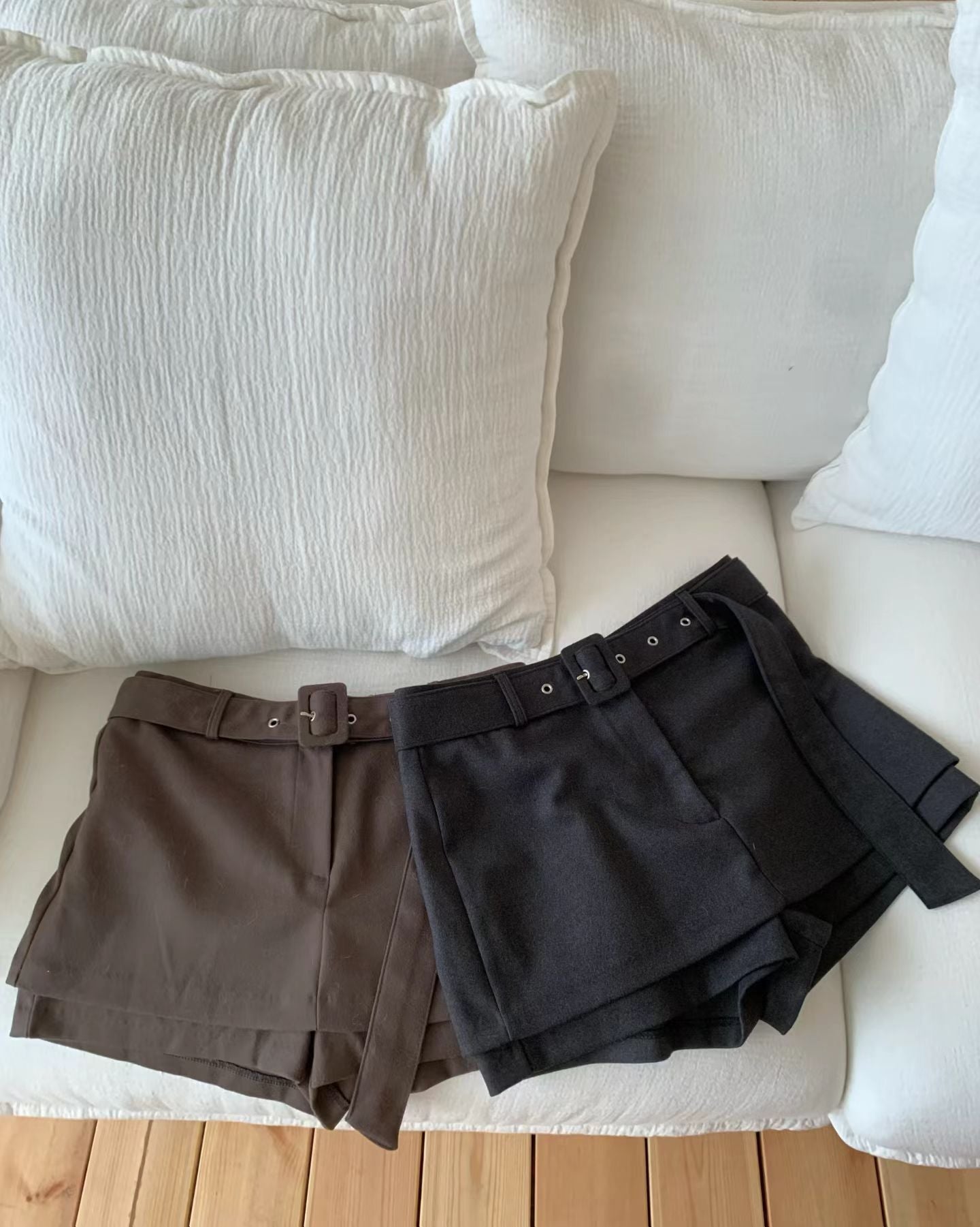 連腰帶絨面裙褲 ( 深灰/深啡 )