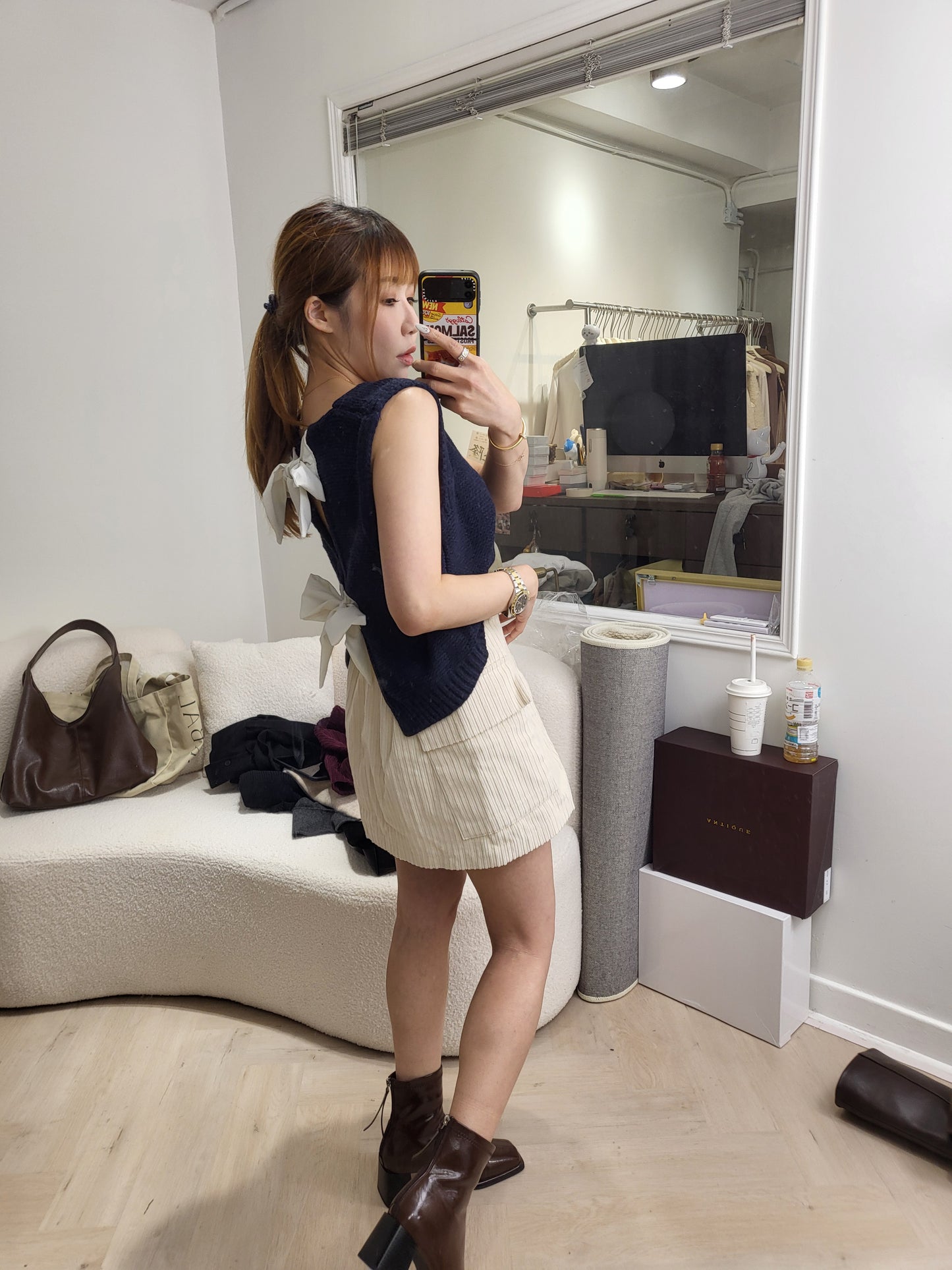 綁蝴蝶背心冷外套 ( 寶藍/灰 )