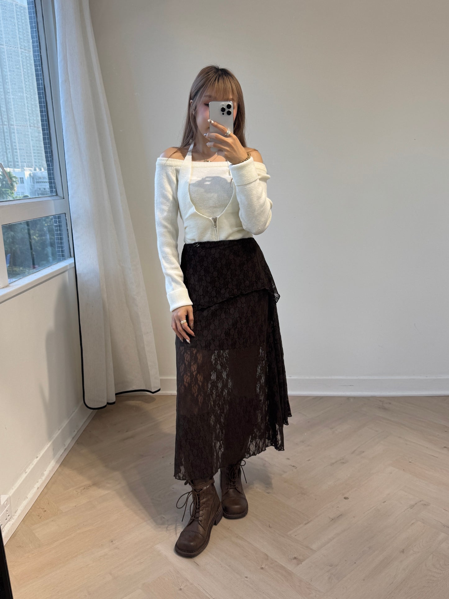 LACE層次開叉長裙 ( 黑/白/啡 )