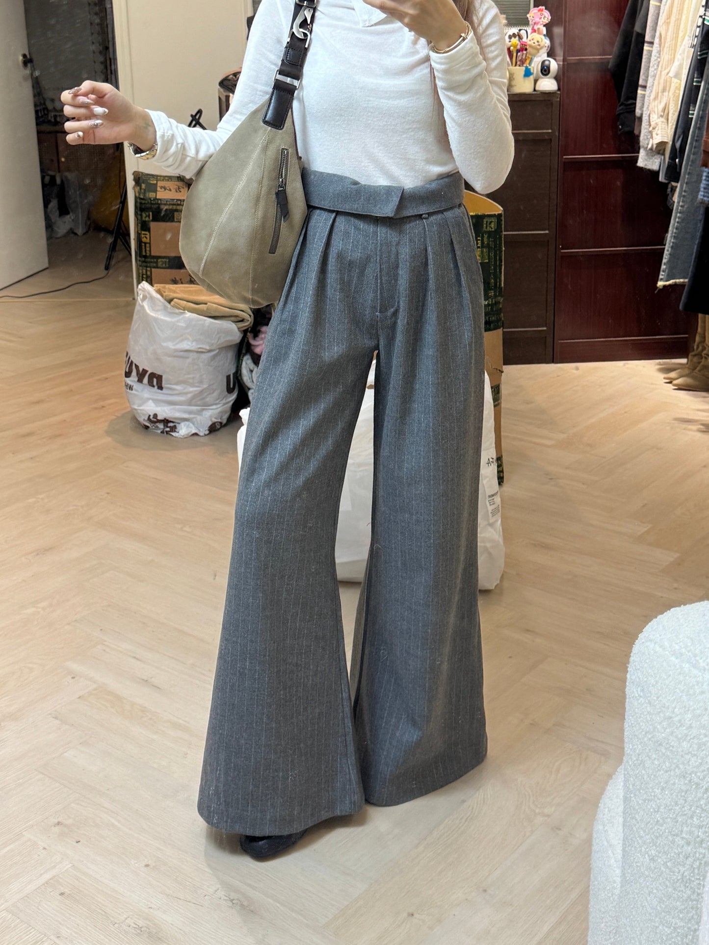 幼直紋羊毛反摺褲頭長褲 ( 灰/黑  )