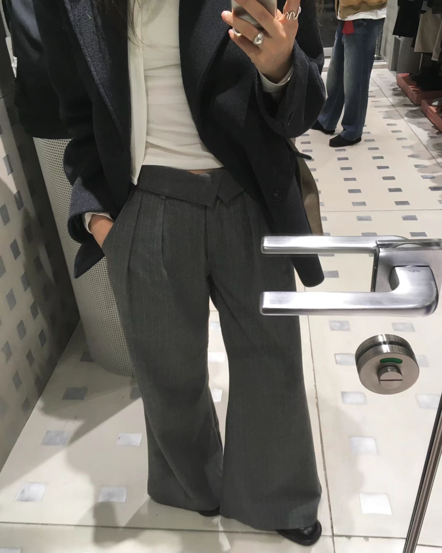 幼直紋羊毛反摺褲頭長褲 ( 灰/黑  )