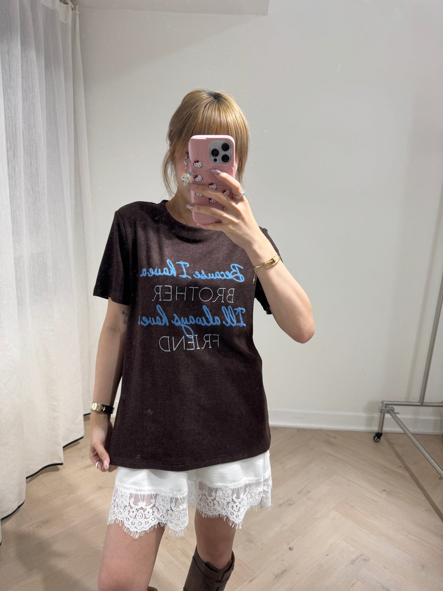 虛線刺繡棉TEE ( 啡/白 )