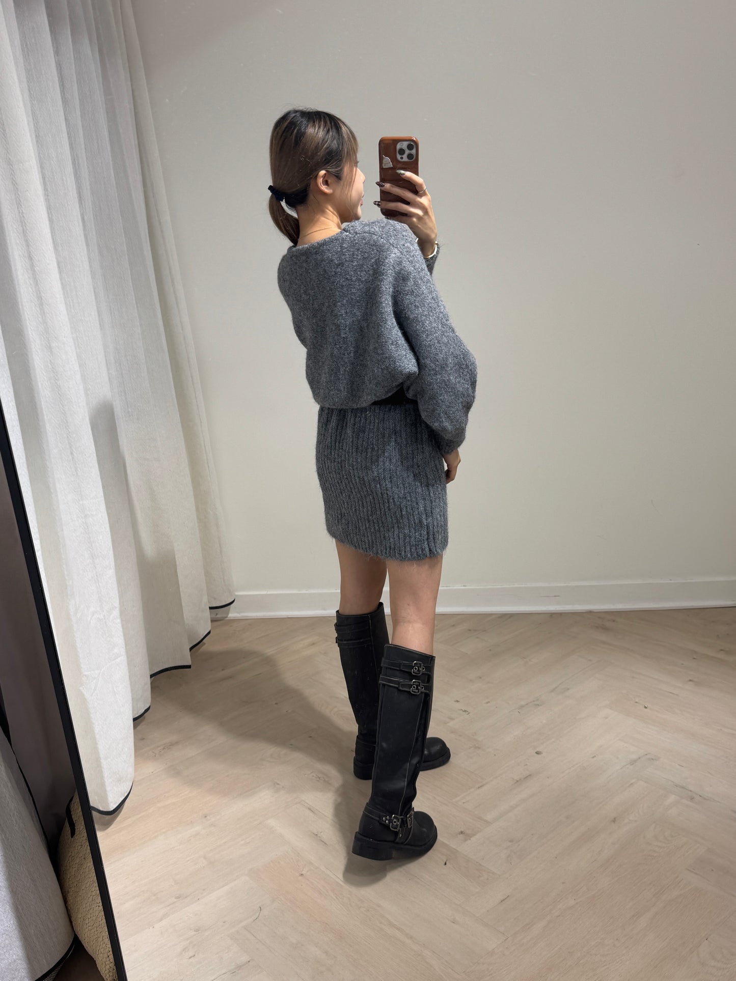 連皮帶冷線連衣裙 ( 灰/米白/啡 )