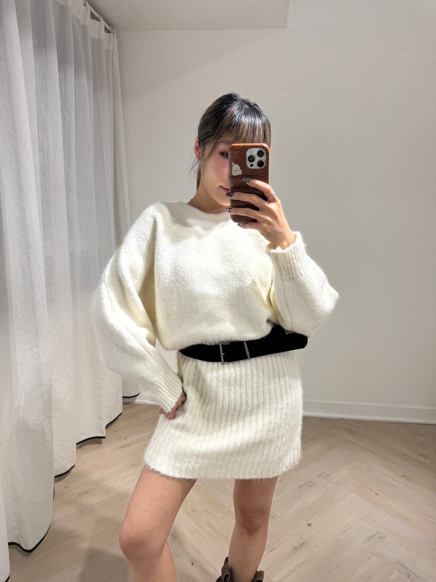 連皮帶冷線連衣裙 ( 灰/米白/啡 )