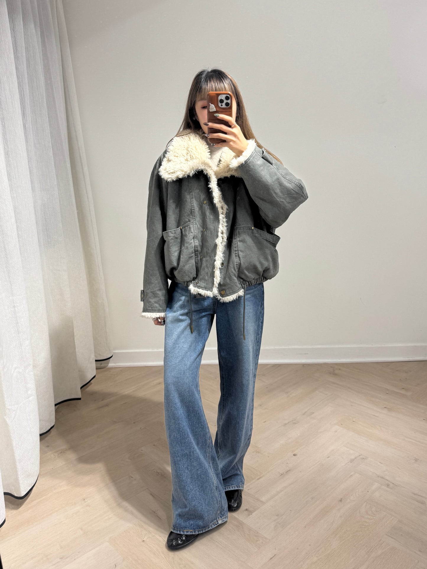 大反領毛毛洗水外套 ( 灰綠/啡 )