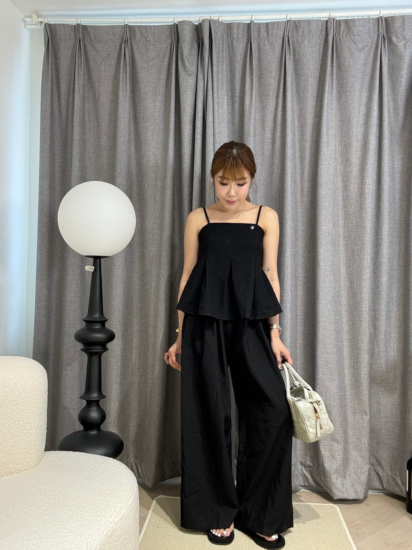 挺棉麻背心長褲套裝 ( 黑/米白 )