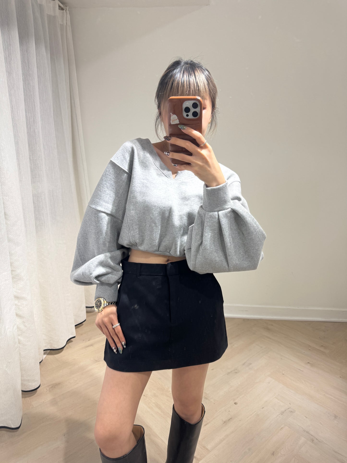 大領束腰衛衣款上衣 ( 黑/白/灰 )