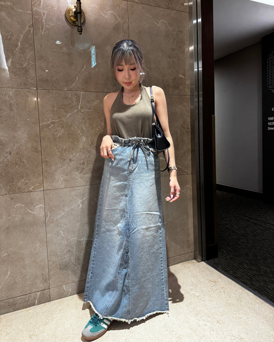 洗水後開叉連腰繩牛仔長裙 ( S/M )