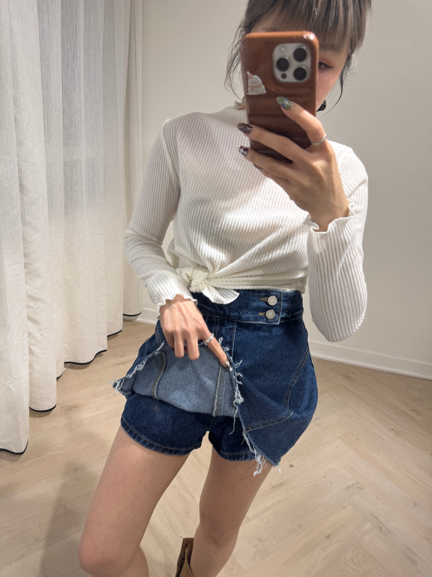 深藍色高腰牛仔裙褲 ( S/M/L )