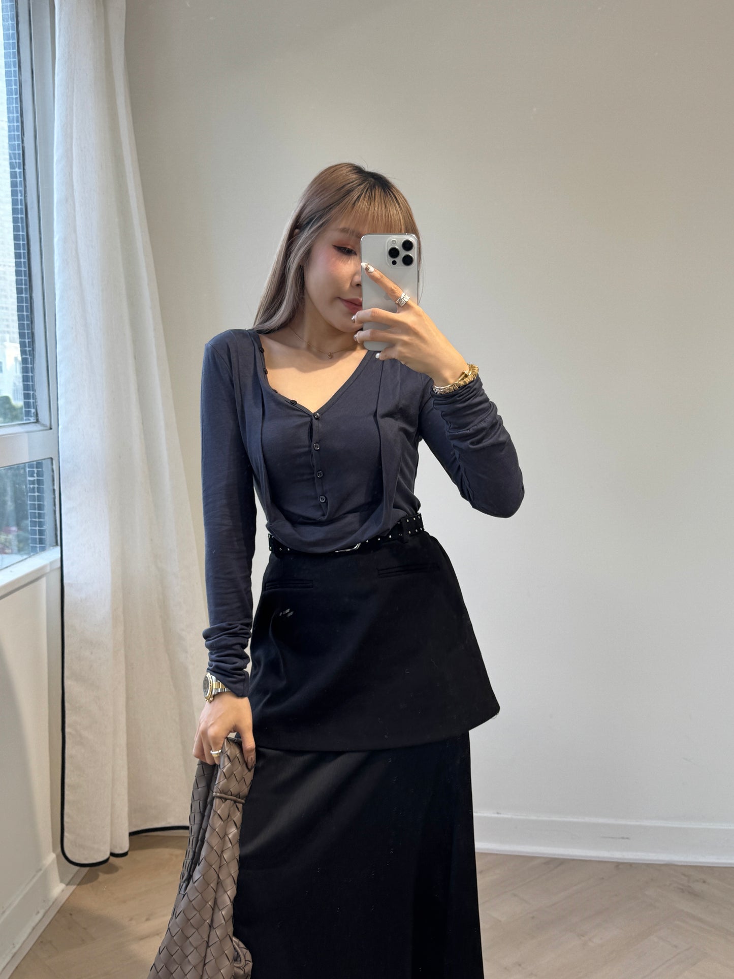 垂感鈕扣棉質上衣 ( 黑/深灰 )