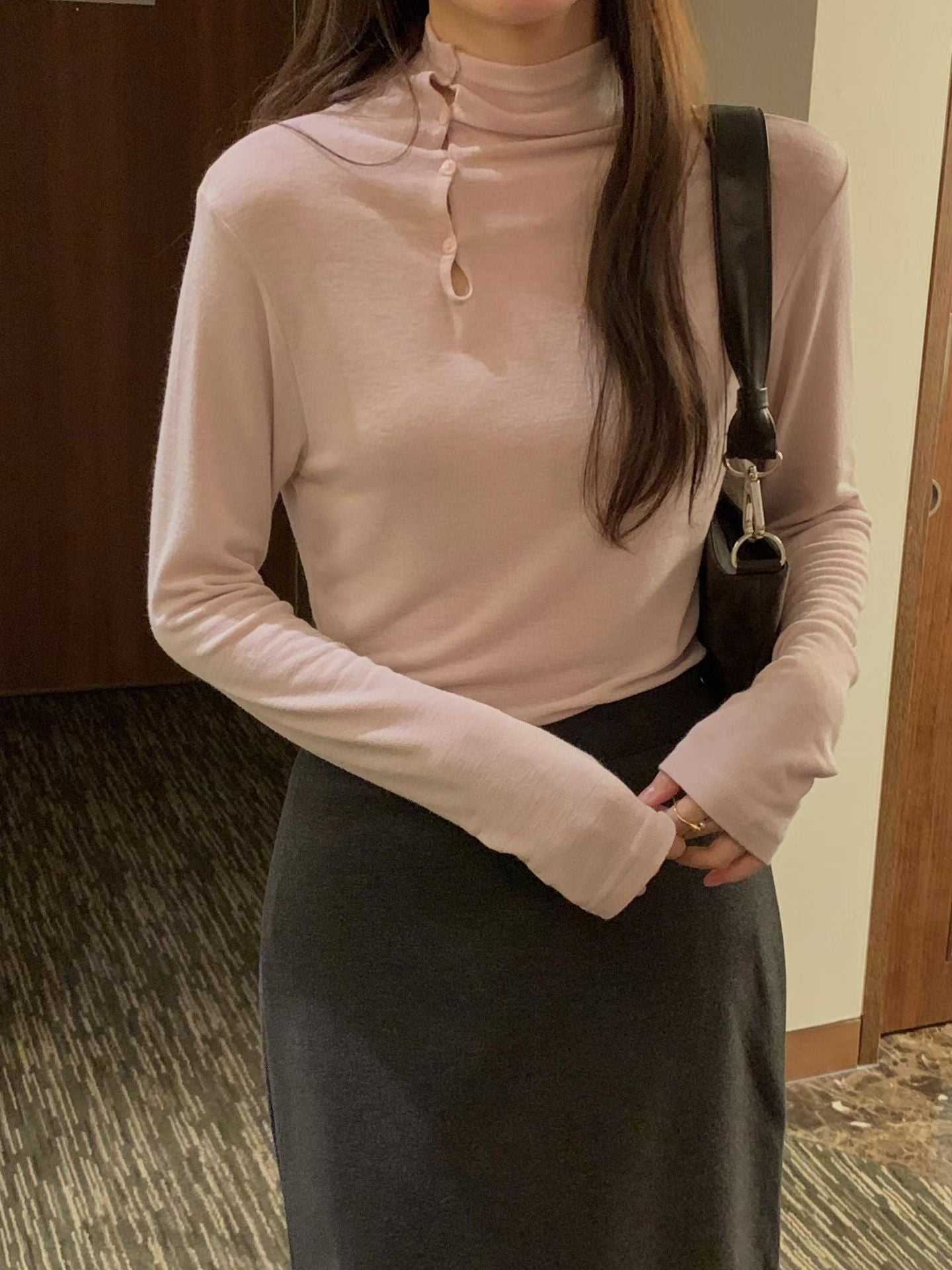 鈕扣薄料上衣 ( 深灰/白/粉 )