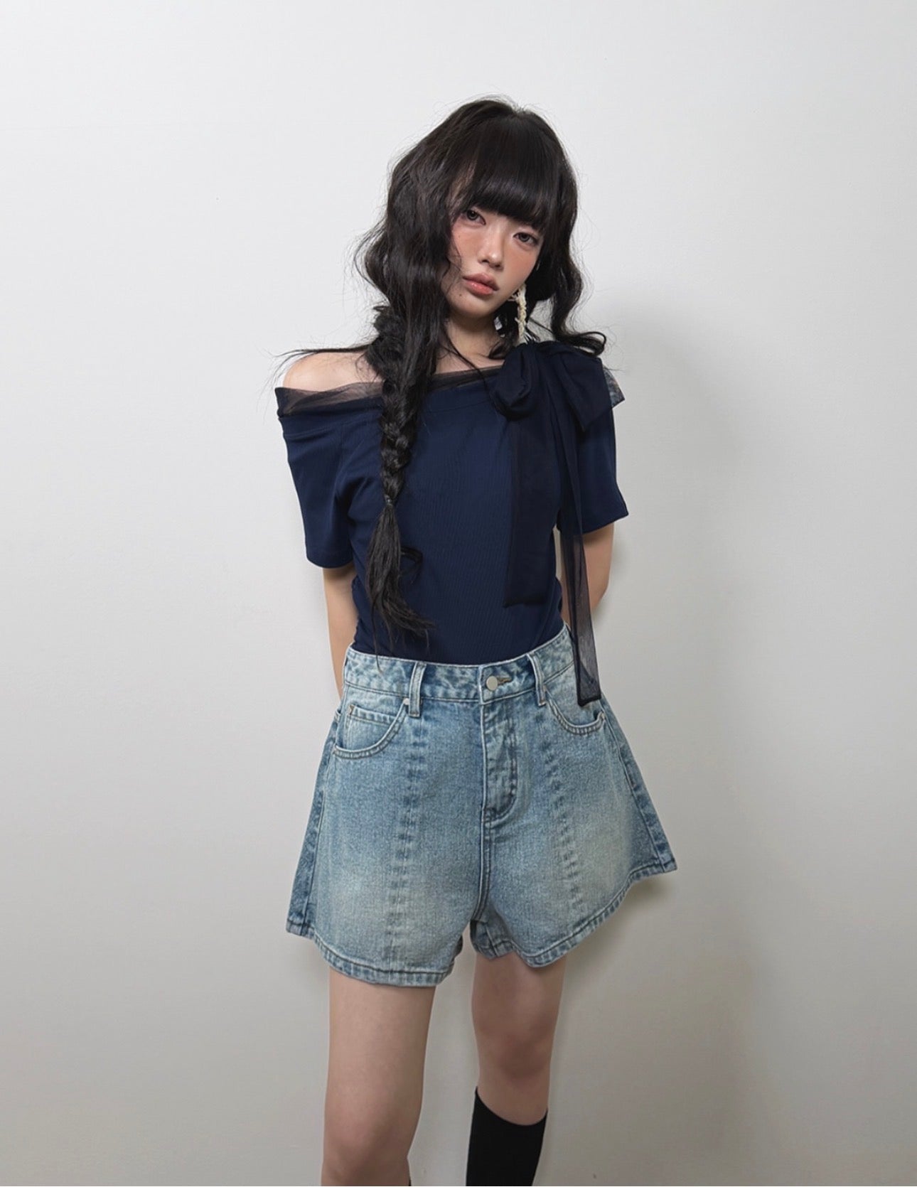 網紗綁蝴蝶結上衣 ( 米/杏/深藍 )