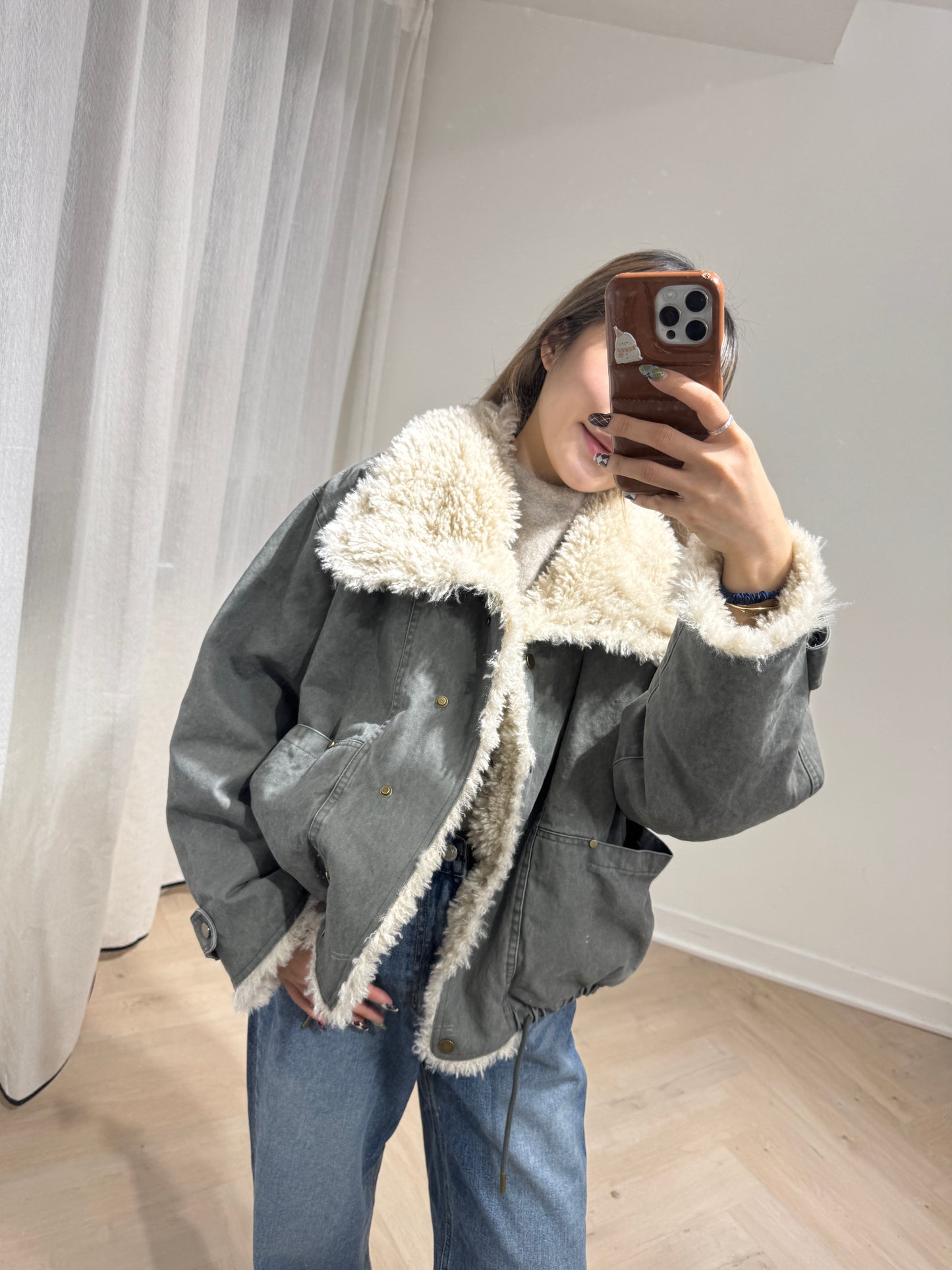 大反領毛毛洗水外套 ( 灰綠/啡 )