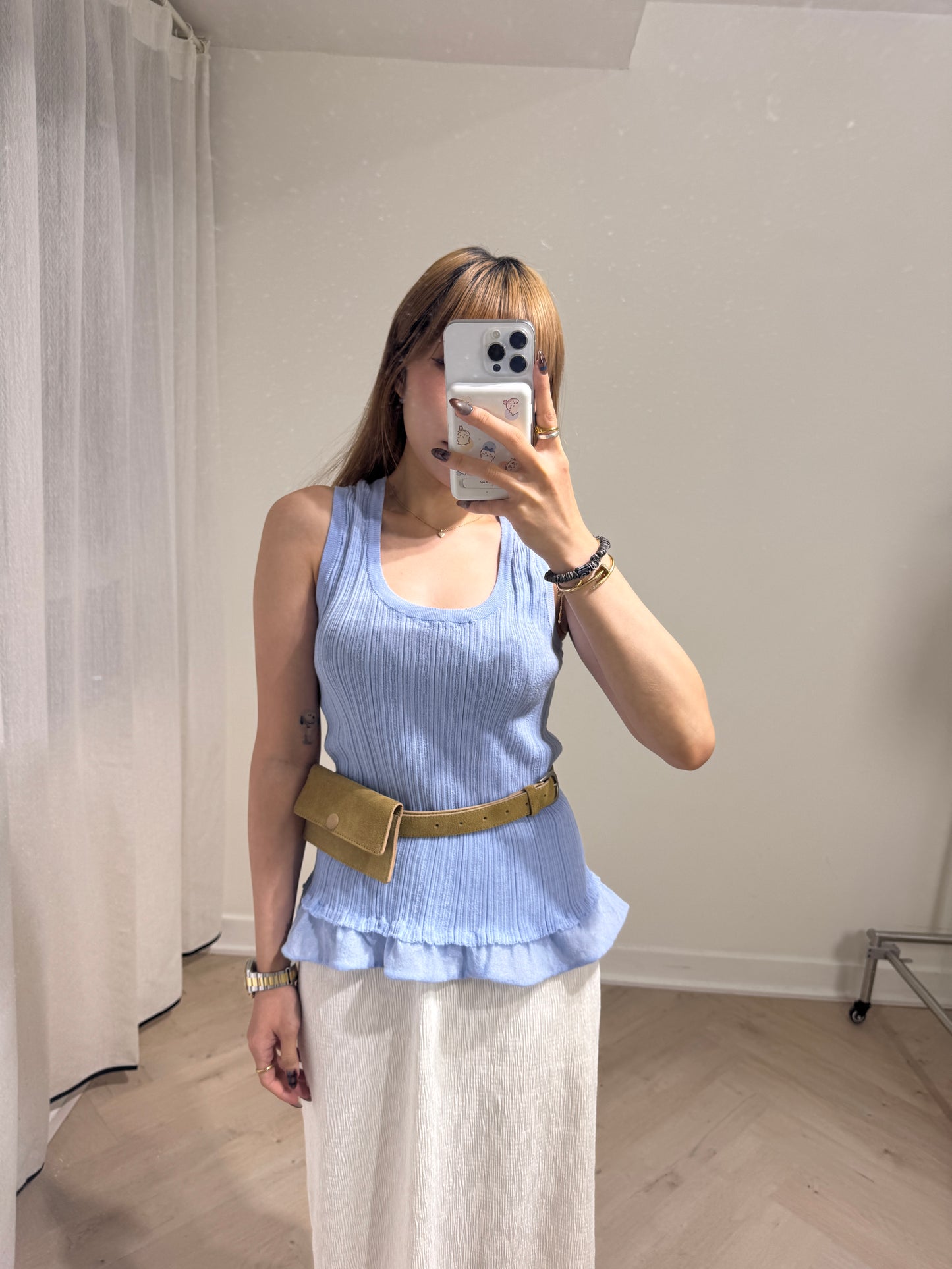 RUFFLE邊暗直紋背心 ( 粉藍/灰杏 )
