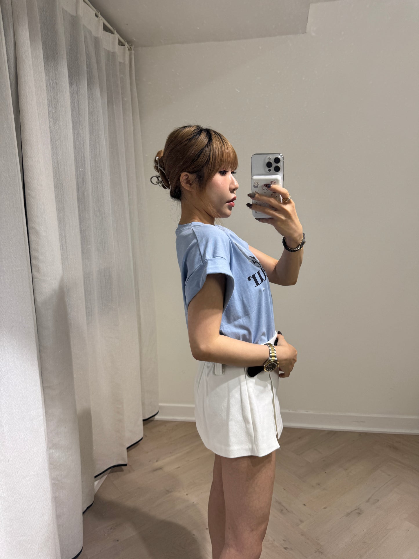 珍珠摺袖文字TEE ( 米/藍 )