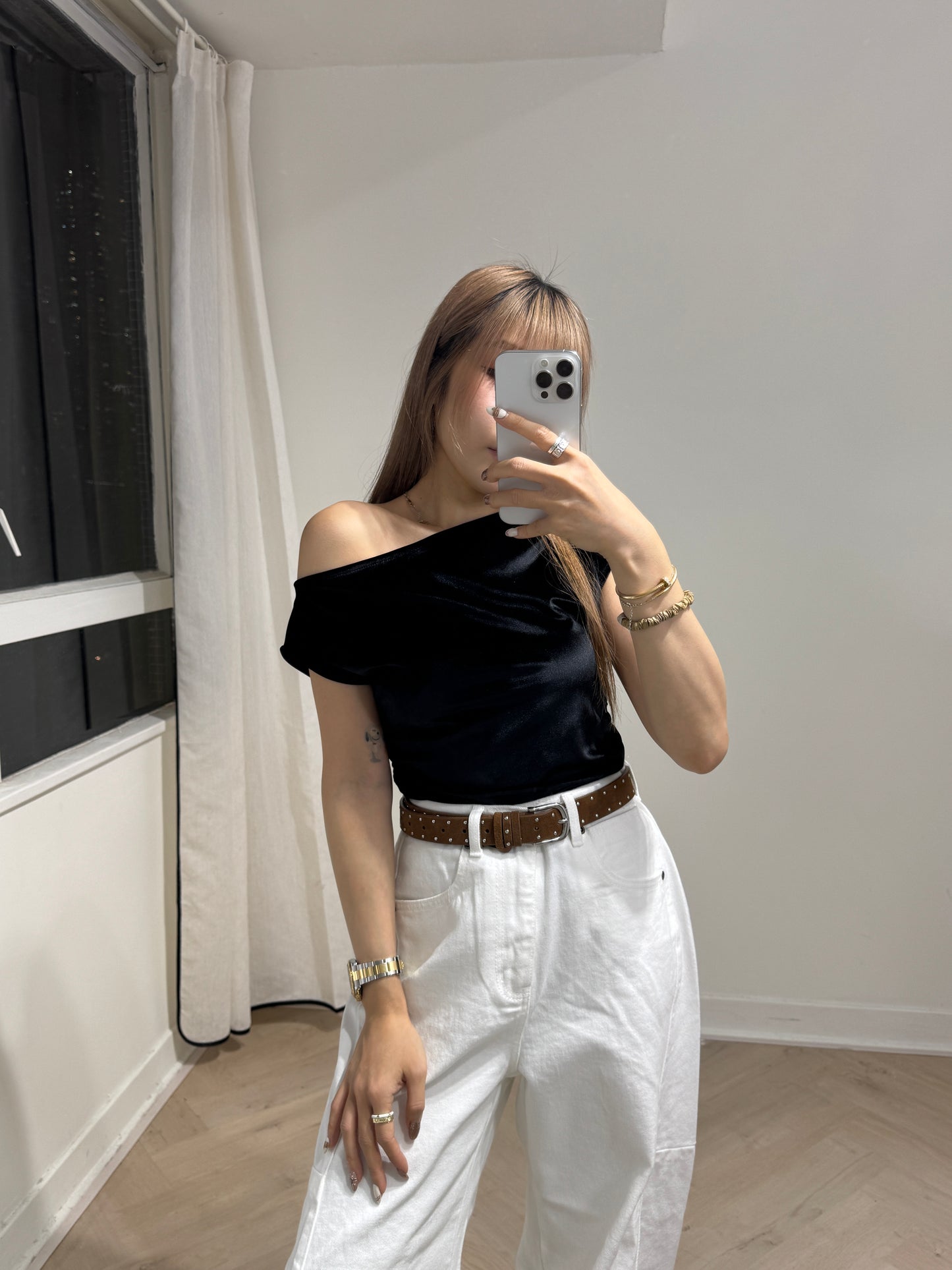 絲絨斜膊上衣 ( 粉/黑 )