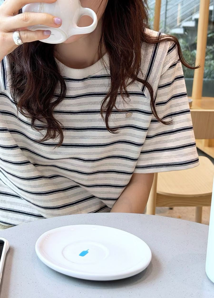 棉邊牌仔間條TEE ( 深藍/白/黃 )