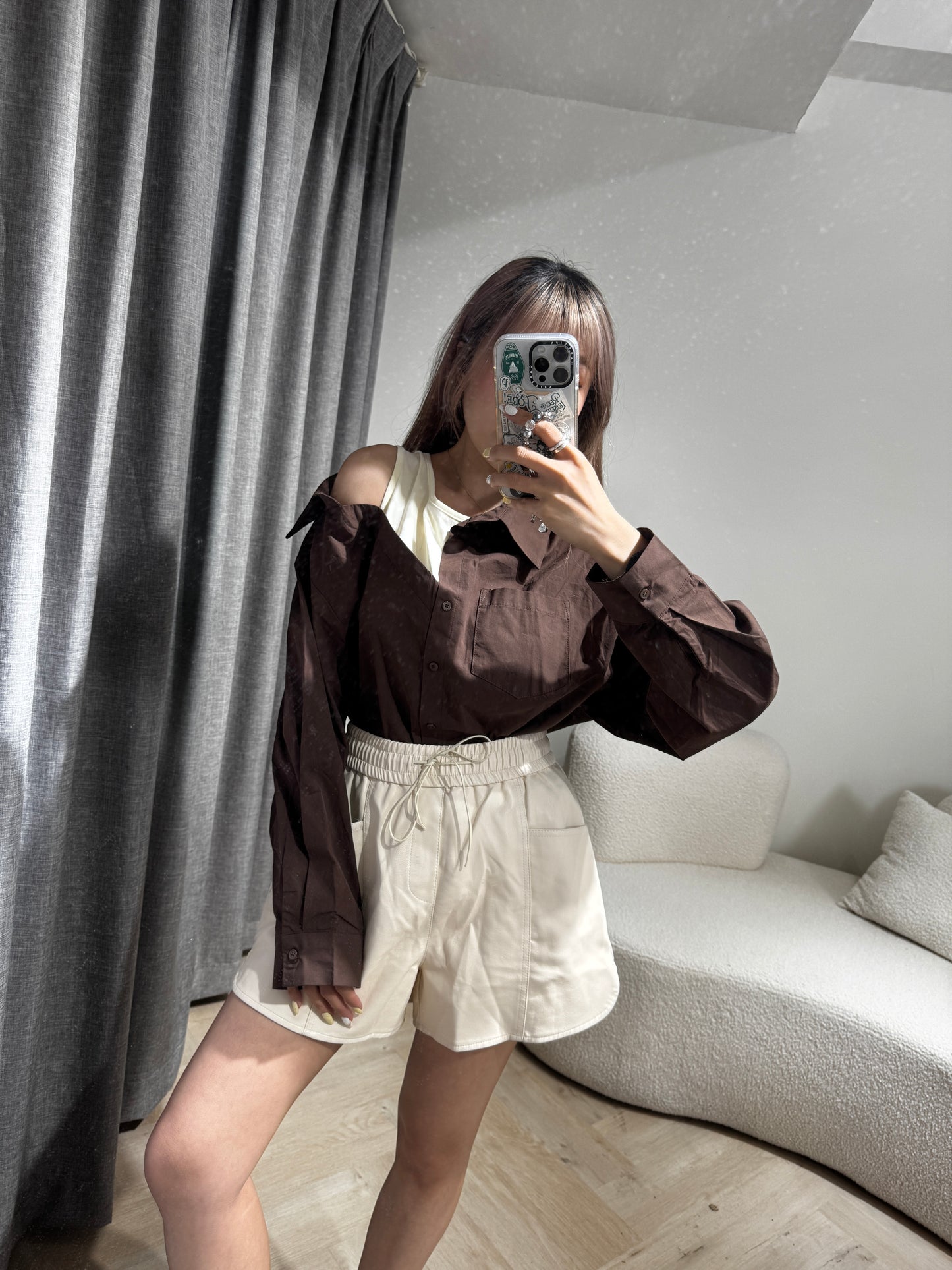 皮繩弧圓腳皮短褲 ( 黑/米/啡 )