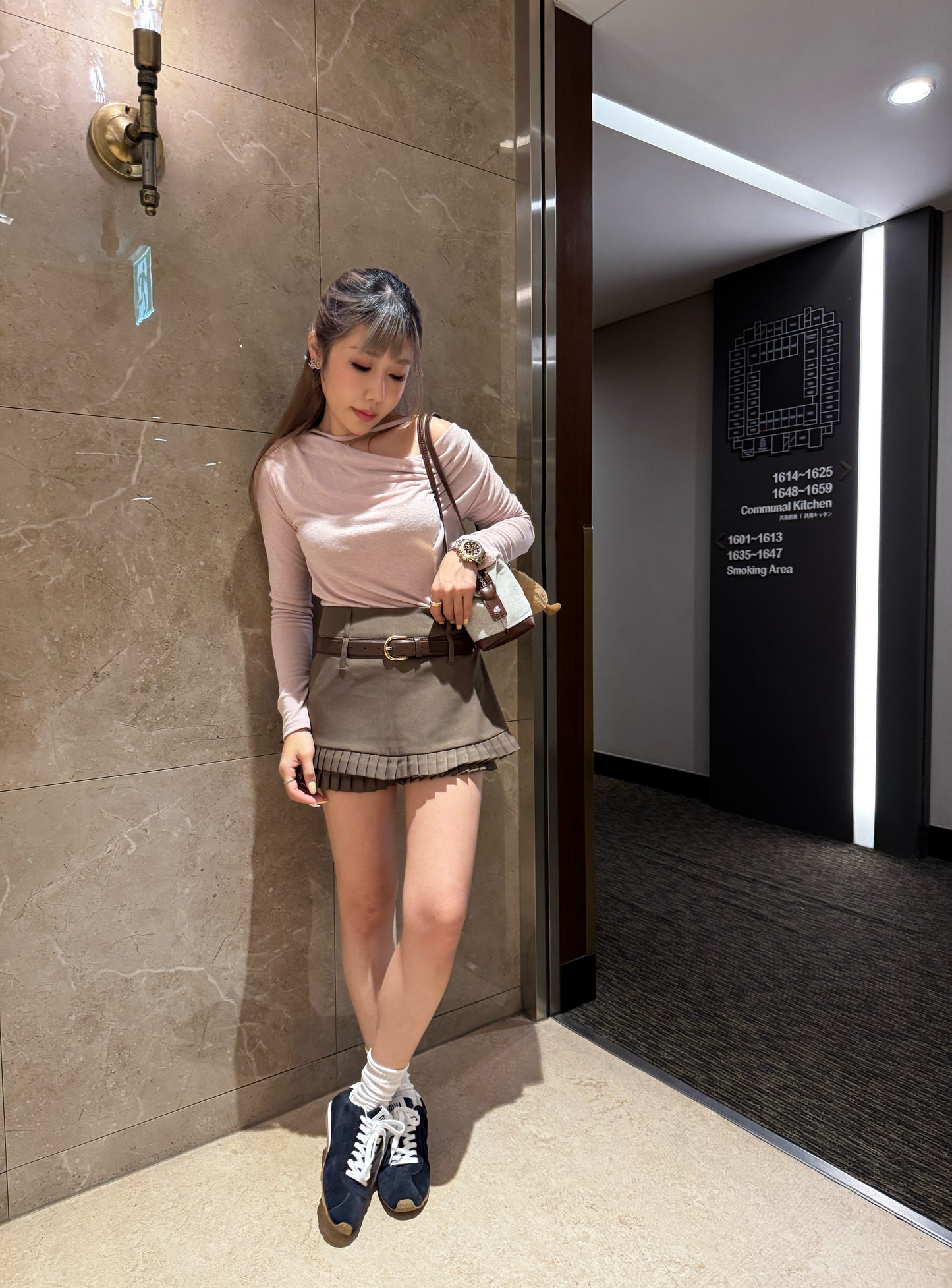 挺西裝料雙層百摺裙褲 ( 灰/啡 )