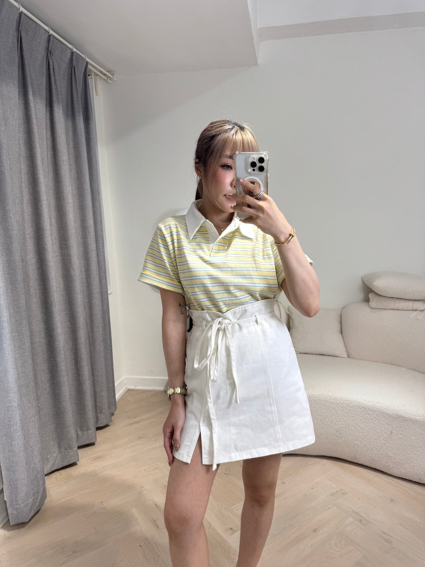 明線綁繩開叉短裙 ( 黑/白 ）