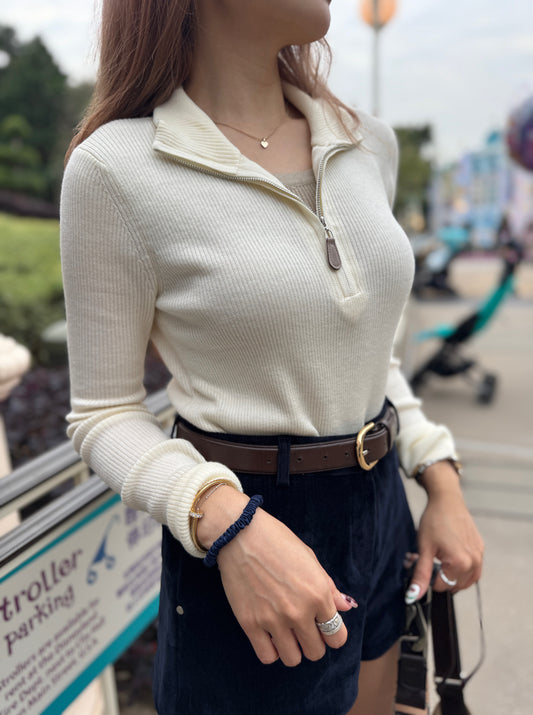 皮扣拉鍊假兩件上衣 ( 杏/米白 )