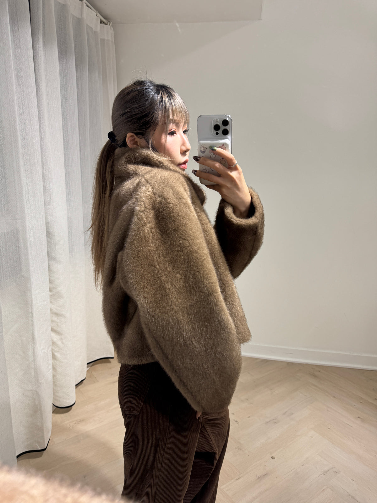 滑毛毛領拉鍊外套 ( 杏/灰/啡 )