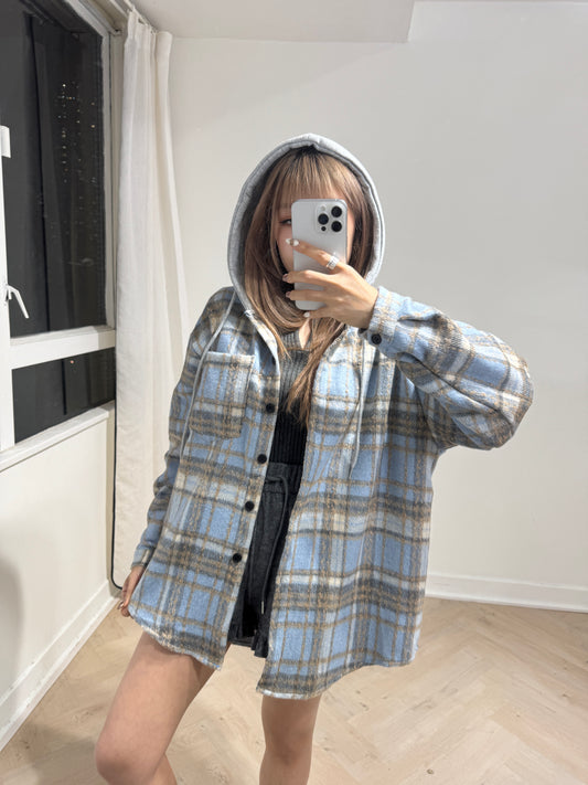 灰帽薄絨格仔外套