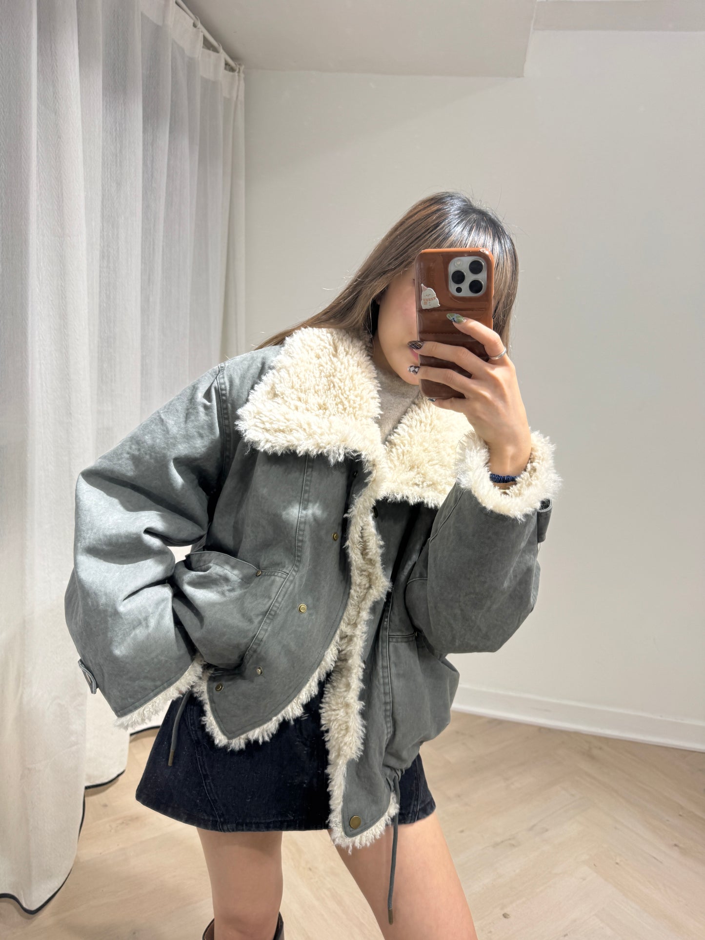 大反領毛毛洗水外套 ( 灰綠/啡 )